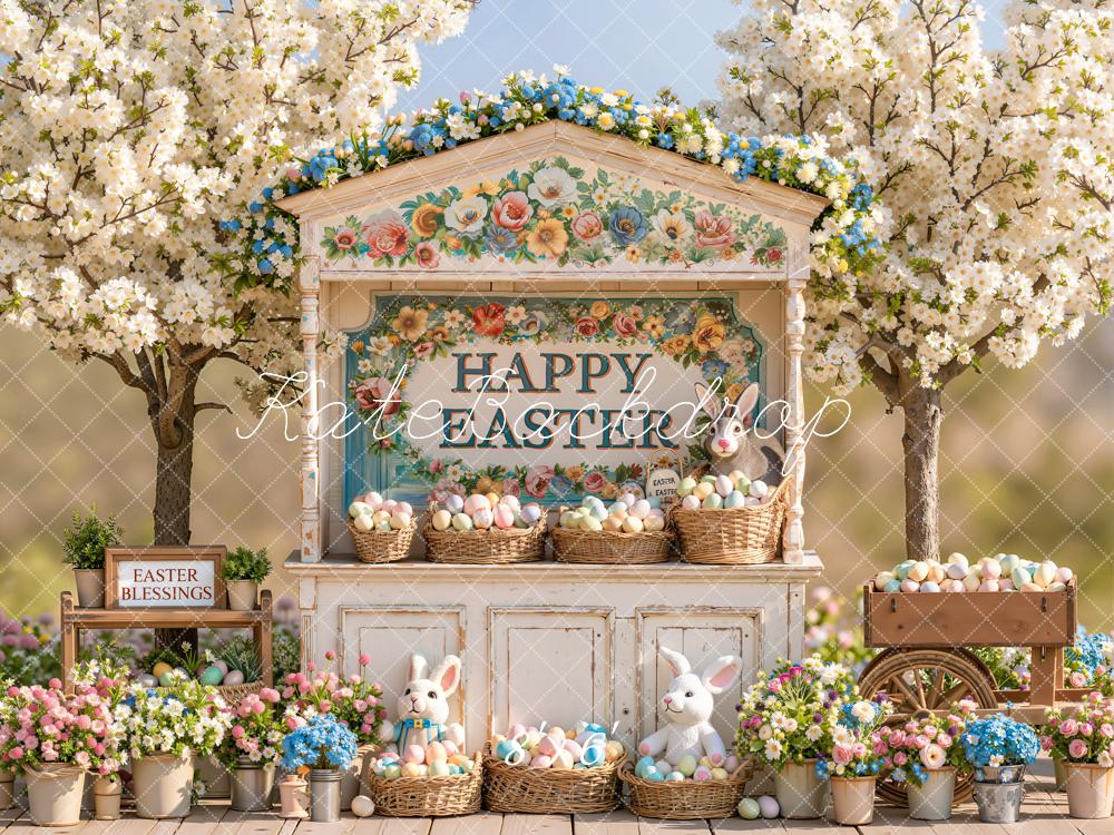 Kate Easter Bunny Floral Market Eggs Baskets Cherry Blossom Printed Backdrop Designed by Emetselch