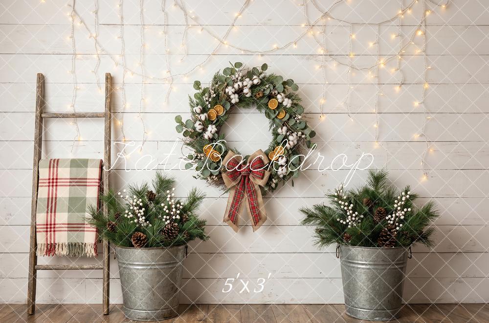 Kate Christmas Wreath Garland Pinecones Rustic Ladder Printed Backdrop Designed by Happy Squirrel Design