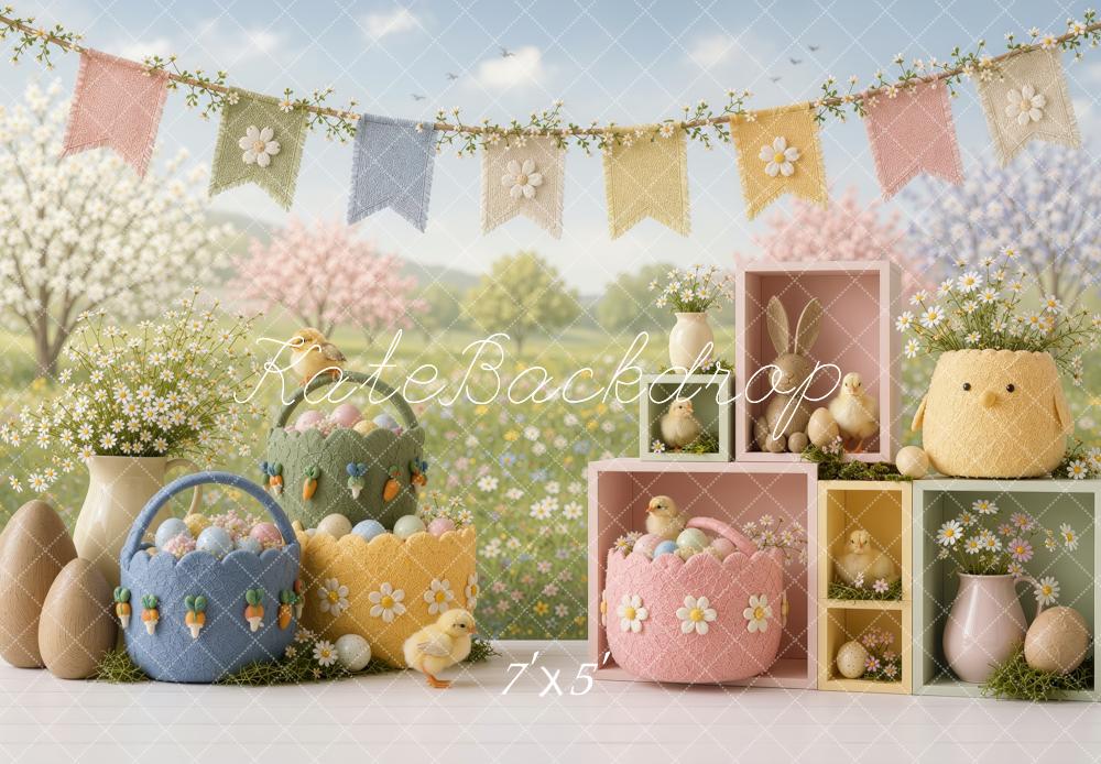 Kate Easter Cake Smash Garden Cute Chick Egg Baskets Wildflowers Printed Backdrop Designed by Ashley Ward