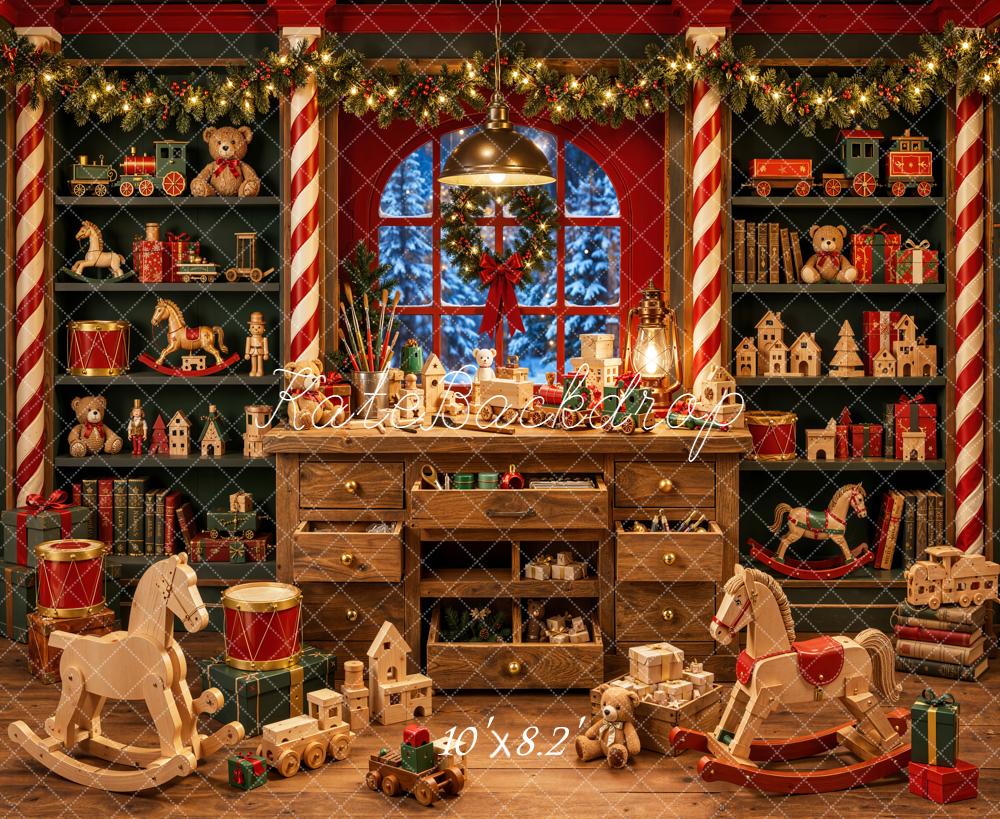 Kate Christmas Toys Room Wooden Rocking Horse Teddy Bear Printed Backdrop Designed by Emetselch