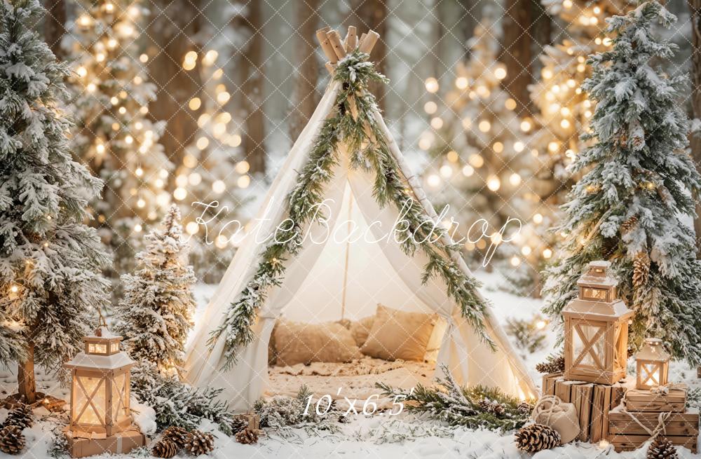 Kate Christmas Snowy Tent Forest Lanterns White Backdrop Designed by Emetselch