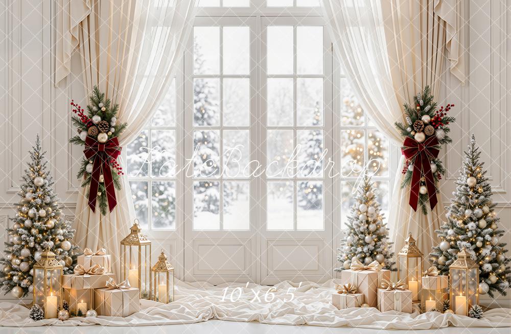Kate Christmas White Window Curtains Christmas Trees Gift Boxes Lanterns Printed Backdrop Designed by Emetselch