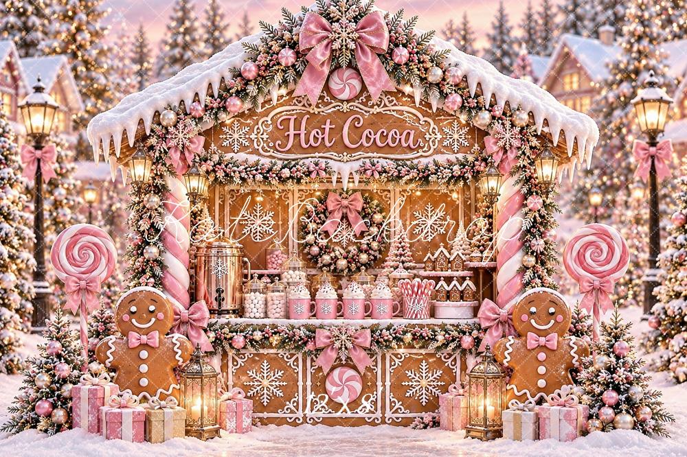 Kate Christmas Pink Gingerbread Hot Cocoa Stand Snowy Printed Backdrop Designed by Ashley Paul