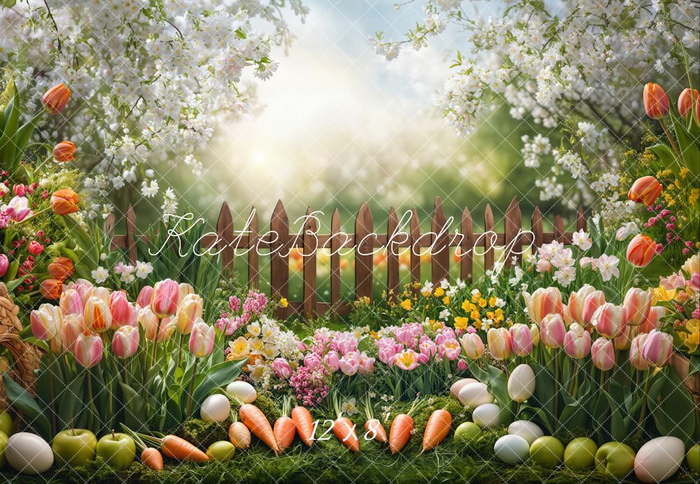 Kate Easter Garden Floral Carrots Fence Backdrop Designed by Emetselch