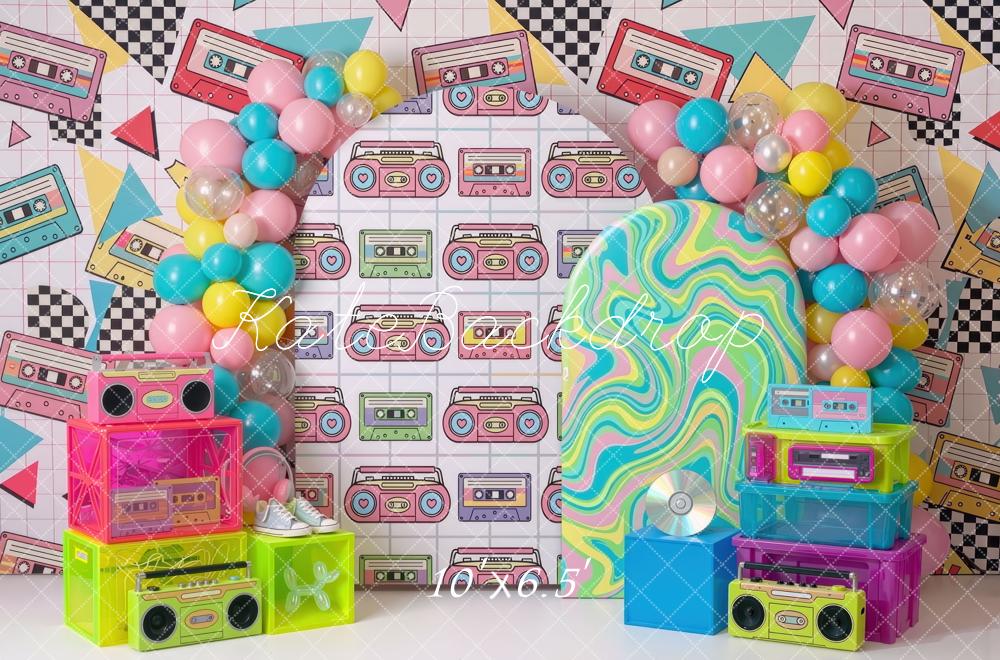 Kate Birthday 90s Retro Cassette Tape Boombox Neon Geometric Graffiti Printed Backdrop Designed by Mini MakeBelieve