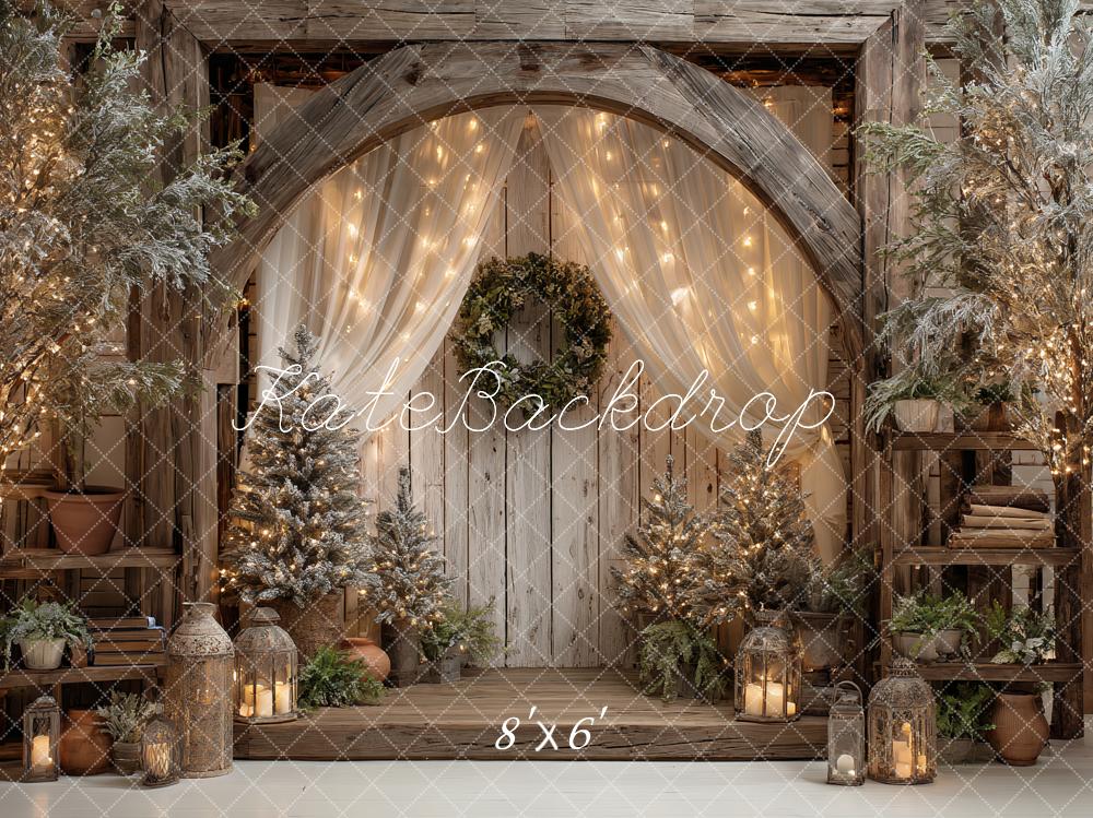 Kate Christmas Rustic Wood Arch Wreath String Lights Lanterns Trees Backdrop Designed by Ashley Paul