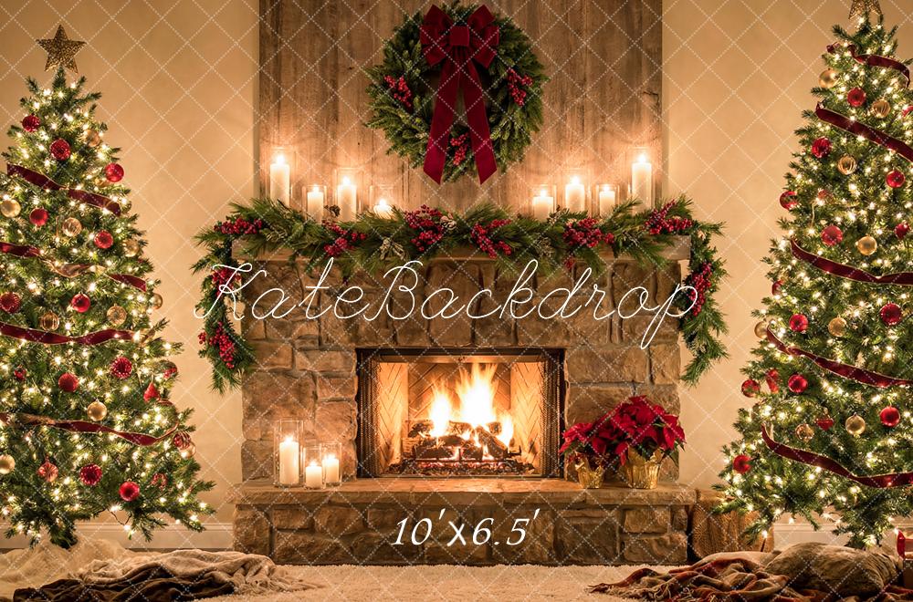TEST Kate Christmas Tree Stone Fireplace Garland Red Bow Printed Backdrop Designed by Happy Squirrel Design