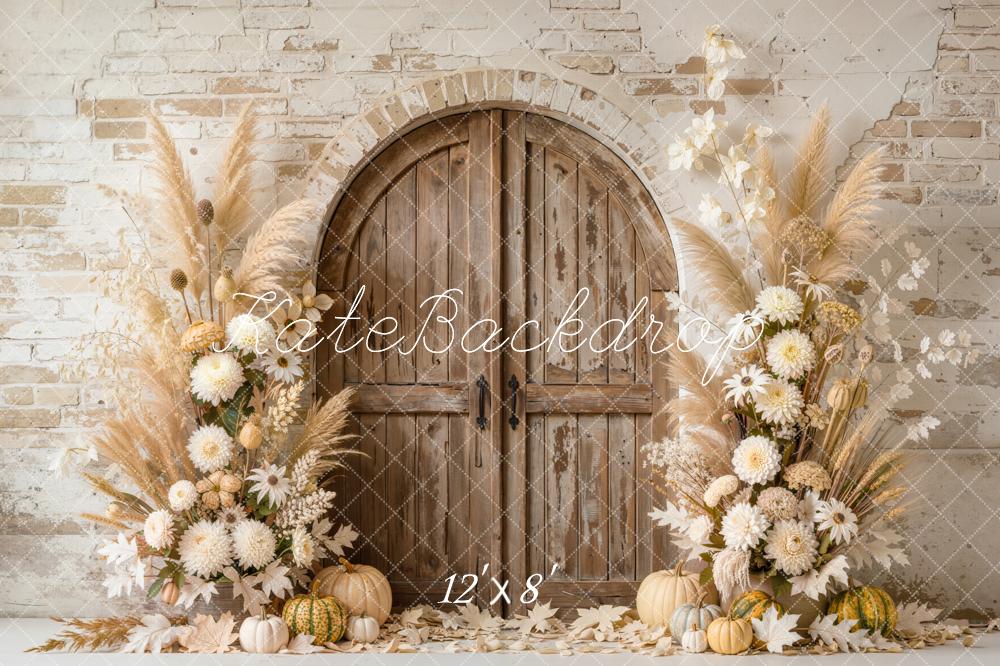 Kate Fall Arched Wooden Door Pumpkin Flower Pampas Grass Printed Backdrop Designed by Emetselch