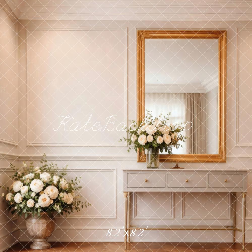Kate Elegant White Room Gold Mirror Console Flowers Printed Backdrop Designed by Vertigo Productions
