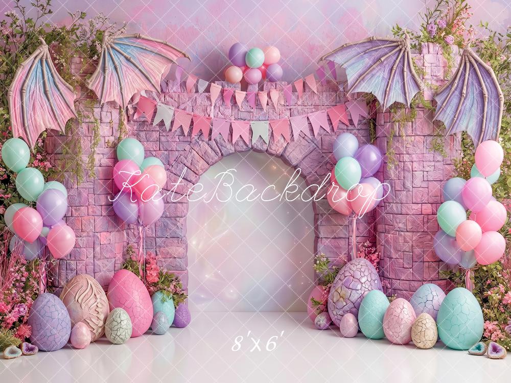 Kate Fantasy Dragon Egg Castle Pink Balloons Printed Backdrop Designed by Angela Miller