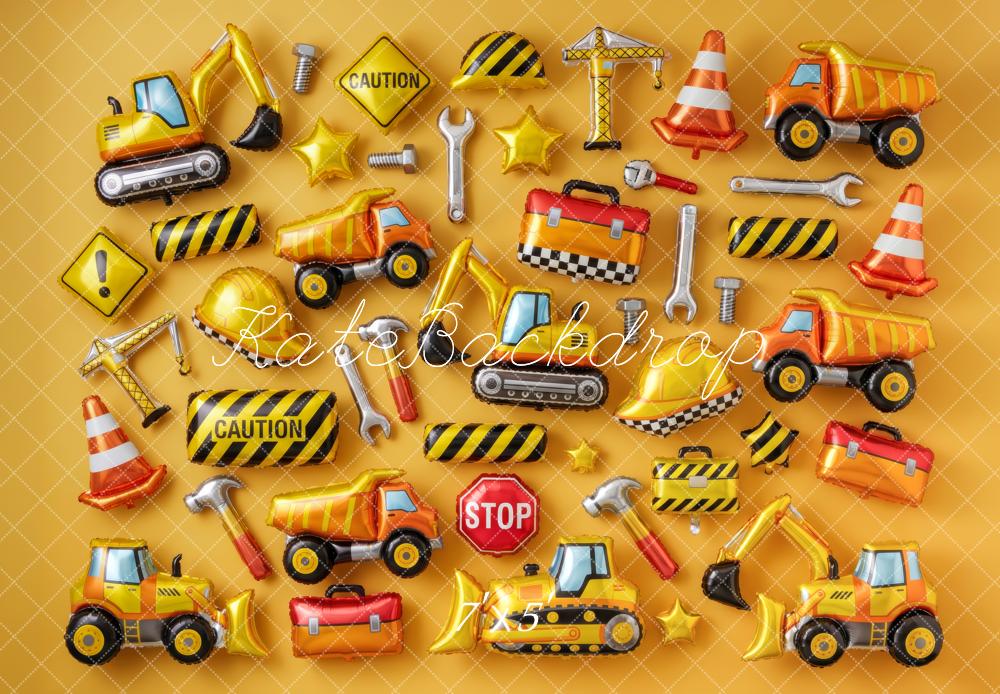 Kate Birthday Boys Construction Vehicle Balloon Wall Yellow Printed Backdrop Designed by Patty Roberts