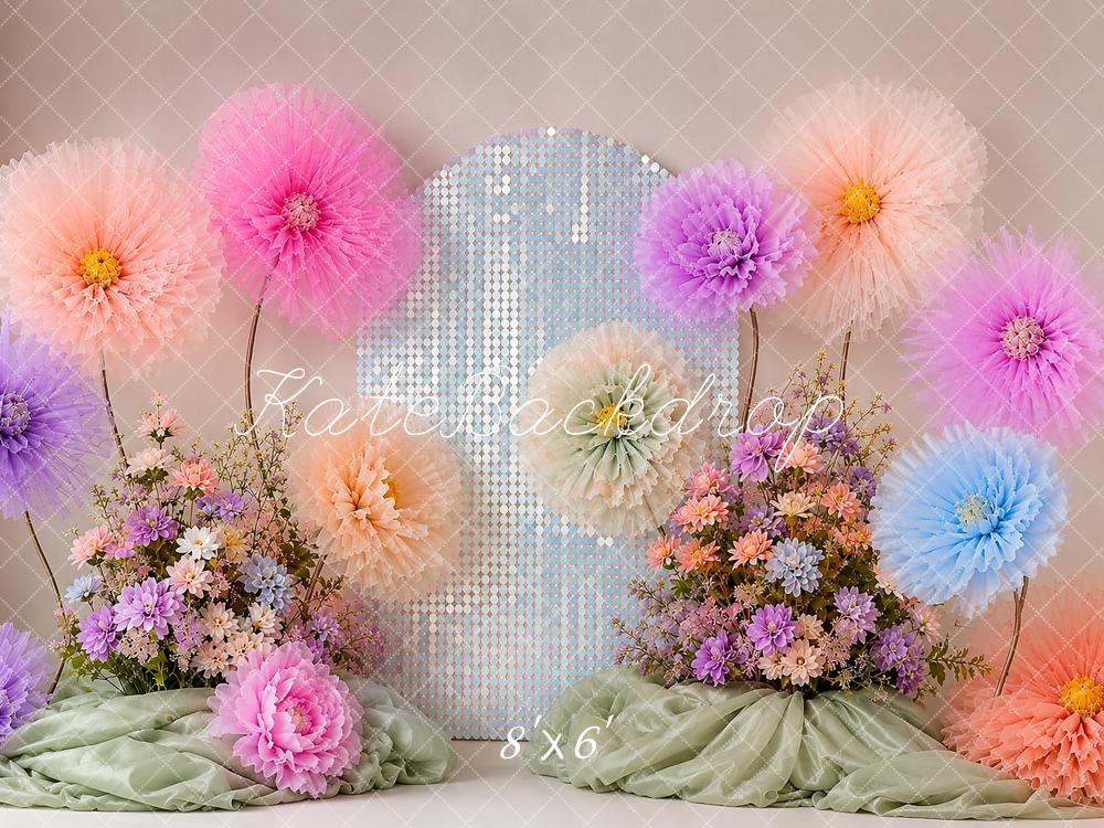 Kate Cake Smash Pastel Paper Flowers Sequin Arch Printed Backdrop Designed by Shutter Swan Studios