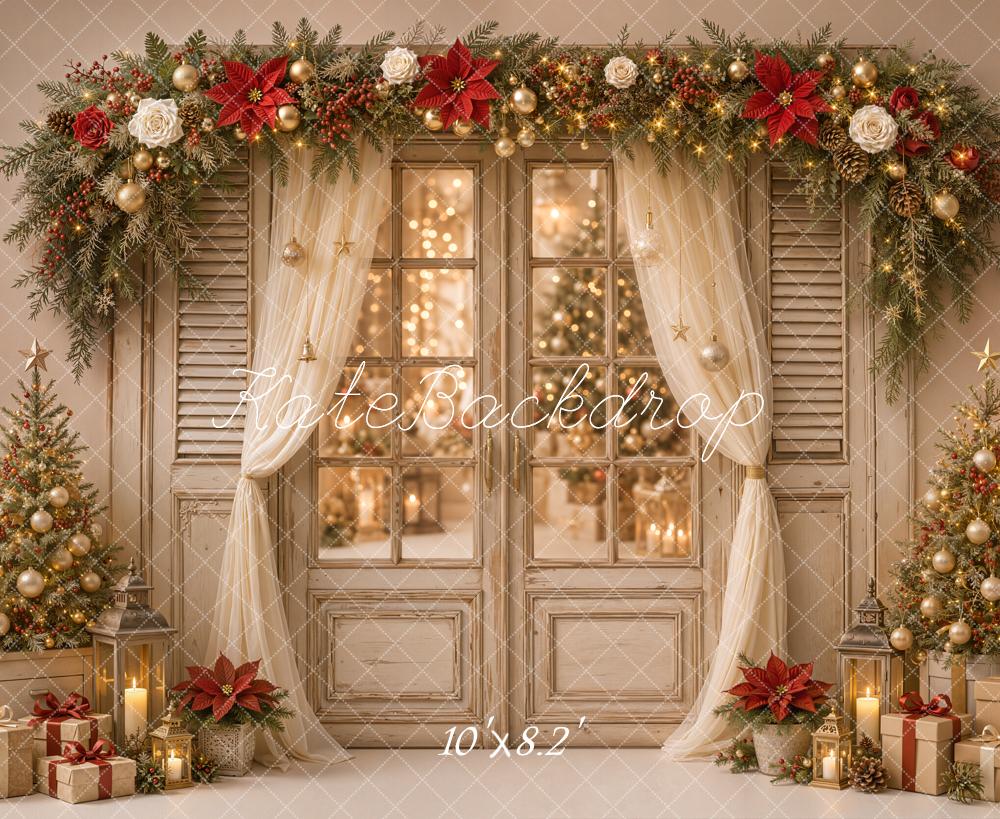 Kate Christmas Poinsettia Window Curtains Garland Printed Backdrop Designed by Emetselch