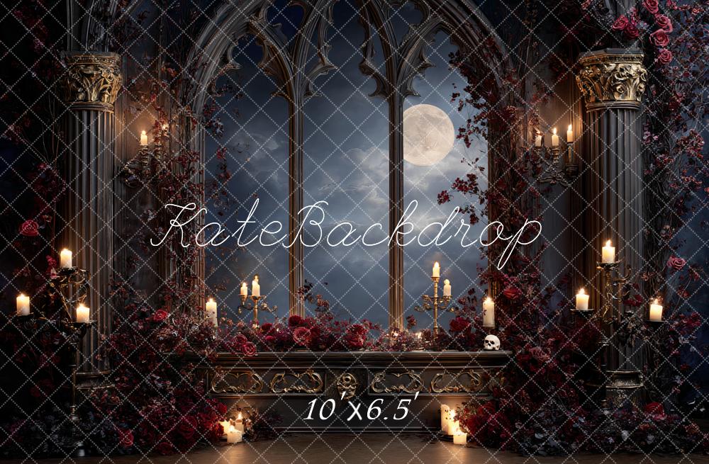 Kate Halloween Gothic Window Castle Moonlight Candles Roses Backdrop Designed by Ashley Paul