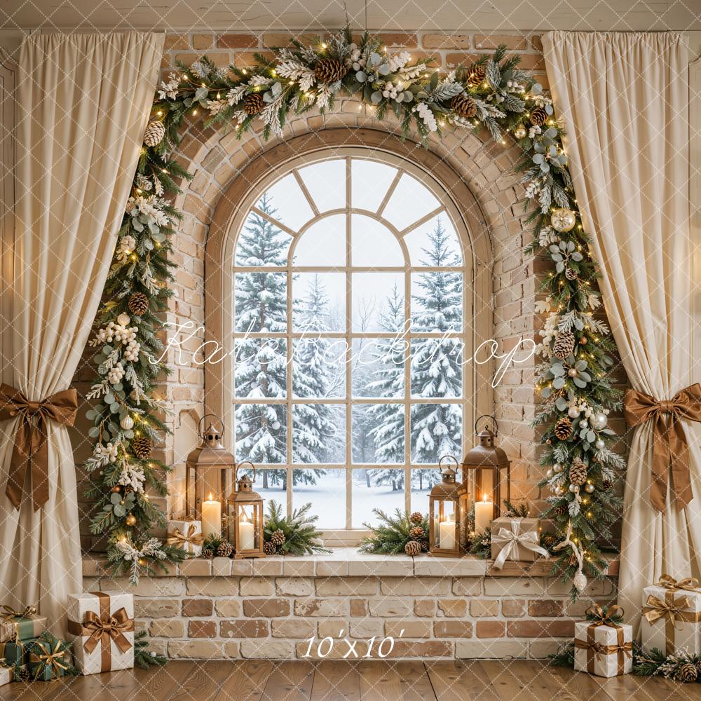 Kate Christmas Beige Arched Window Garland Curtains Bow Printed Backdrop Designed by Emetselch