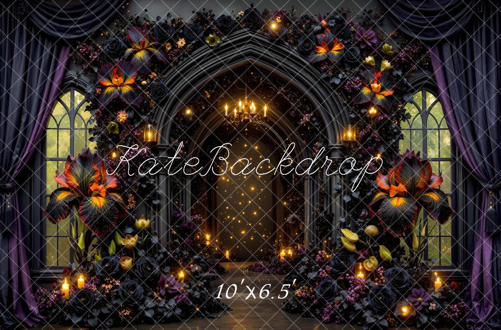 Kate Halloween Gothic Flower Arch Black Roses Chandelier Candles Printed Backdrop Designed by Mini MakeBelieve