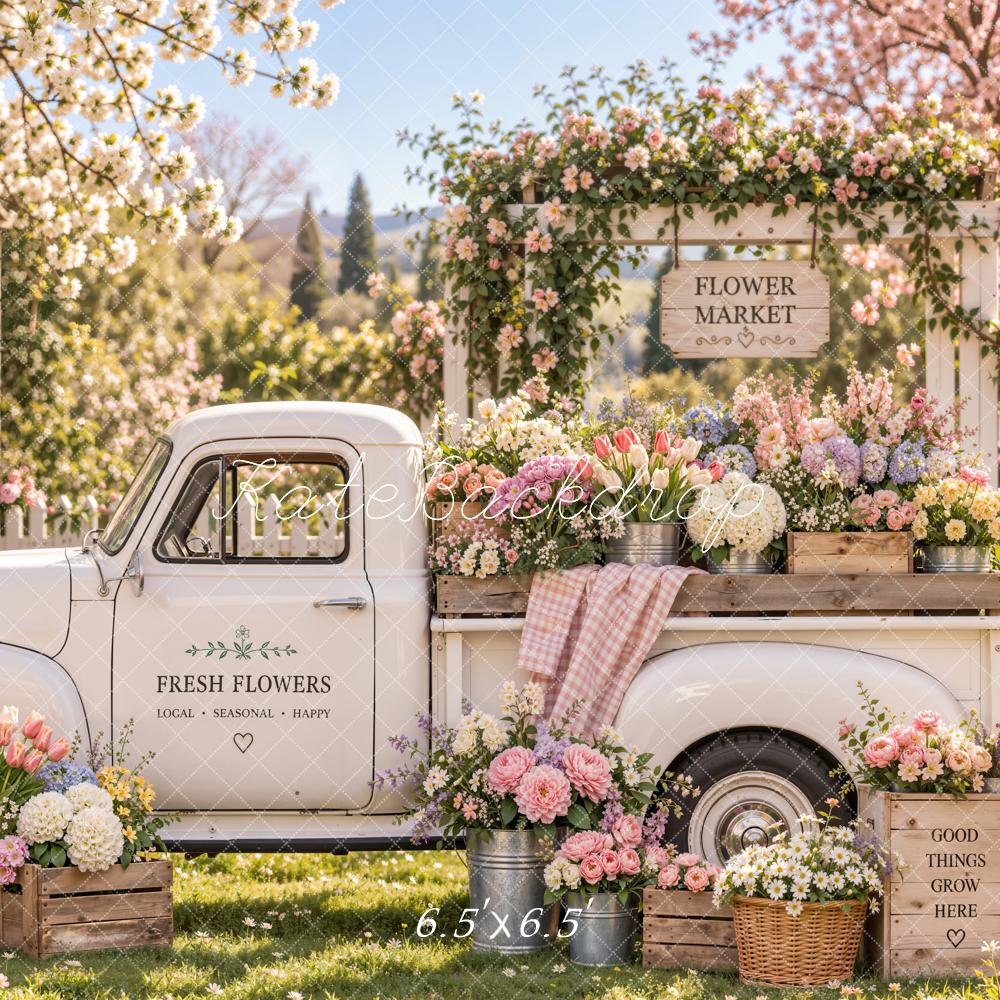 Kate Spring White Truck Flower Market Garden Printed Backdrop Designed by Emetselch