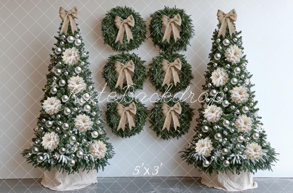 Kate Christmas Trees Wreaths Bow White Backdrop Designed by Mini MakeBelieve