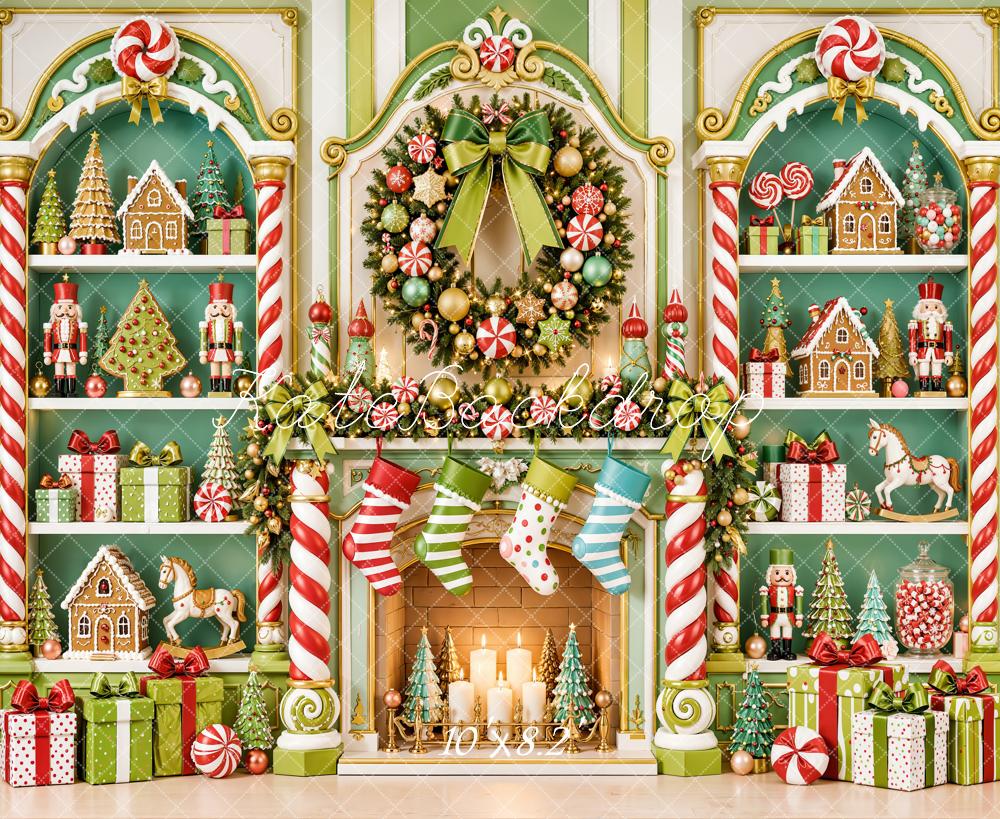 Kate Christmas Fireplace Fantasy Green Toys Shelves Candy Cane Wreath Printed Backdrop Designed by Emetselch