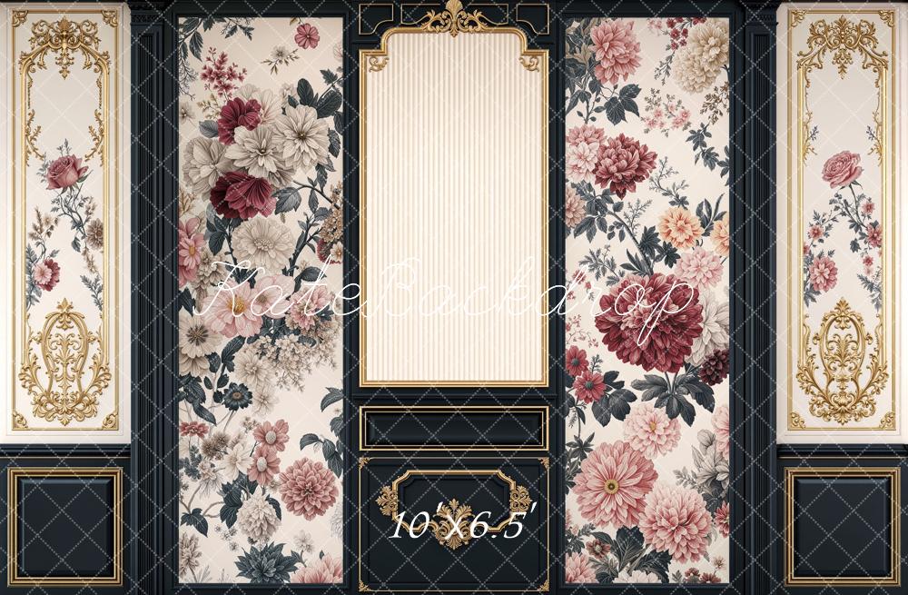 Kate Retro Ornate Black Gold Floral Wall Printed Backdrop Designed by Mini MakeBelieve