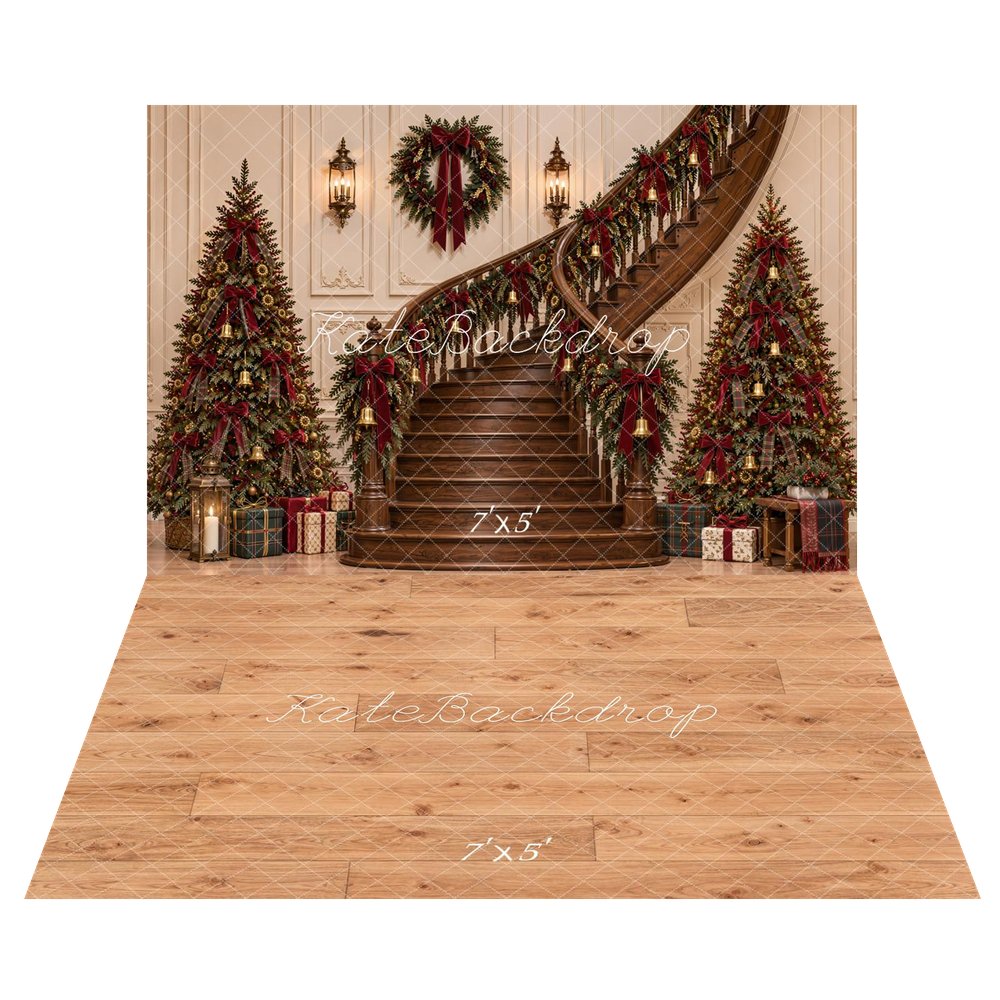 Kate Christmas Staircase Trees Wreath Decor Printed Backdrop+Light Brown Wood Plank Diamond Pattern Floor Backdrop Printed Backdrop