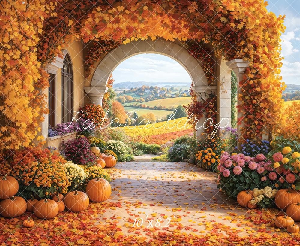 Fall Floral Pumpkin Retro Archway Field Foto Achtergrond Designed by Emetselch