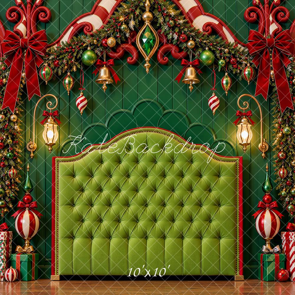 Kate Christmas Headboard Whimsical Green Candy Cane Window Garland Printed Backdrop Designed by Shutter Swan Studios