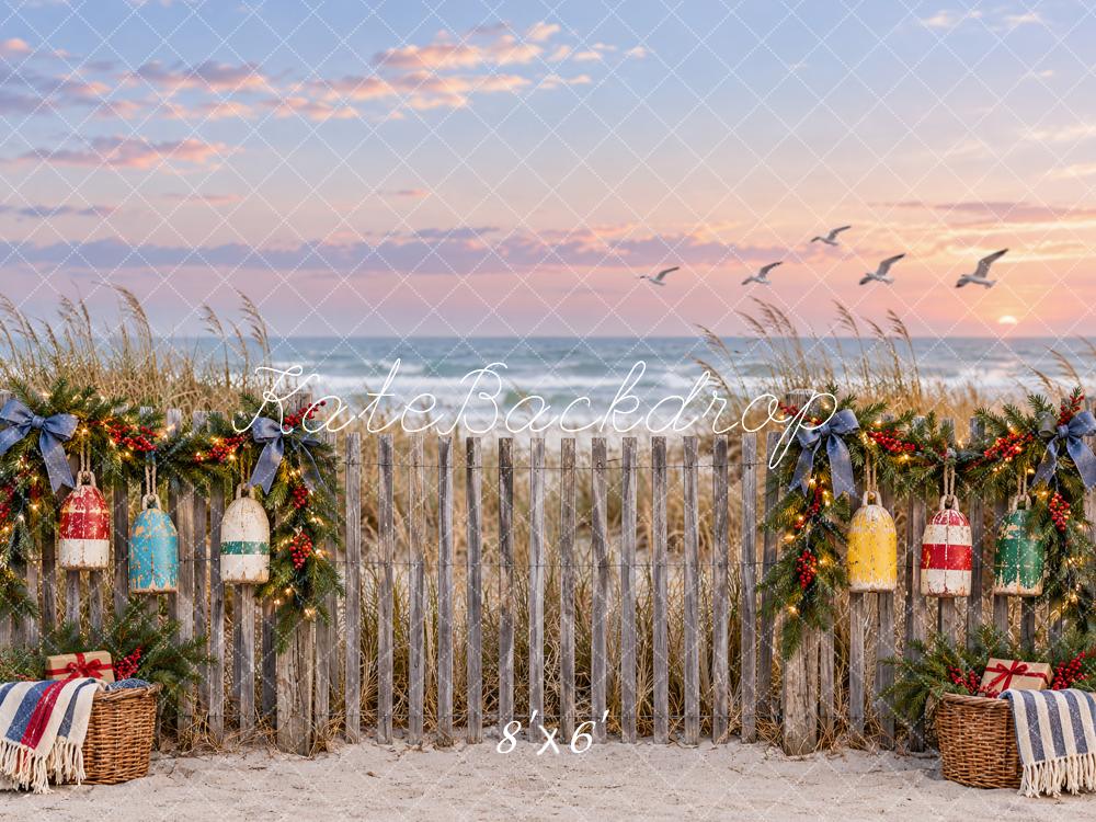 Kate Christmas Beach Fence Garland Buoys Printed Backdrop Designed by Vertigo Productions