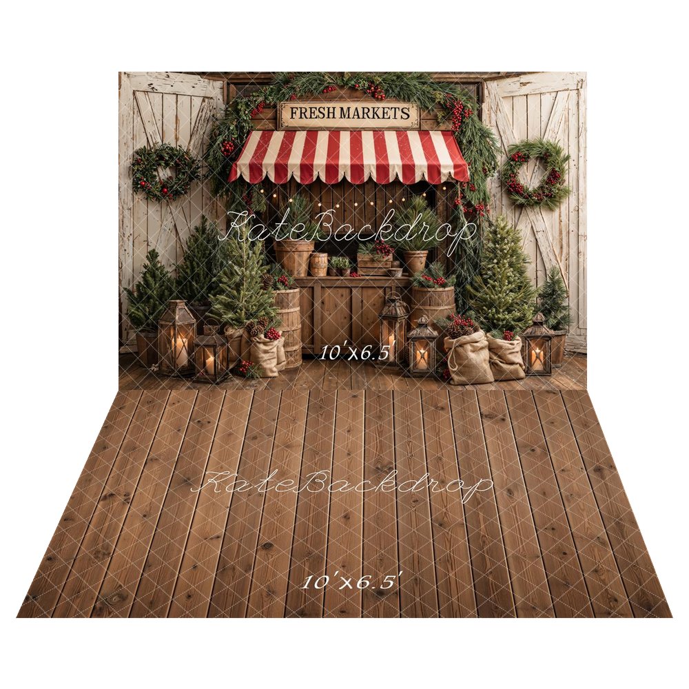 Kate Christmas Market Pine Trees Wreath Lanterns Barrels Printed Backdrop+Brown Wooden Plank Floor Printed Backdrop
