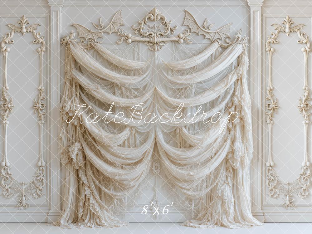 Kate Halloween Ivory Drapery Ornate Bone Wall Printed Backdrop Designed by Mini MakeBelieve