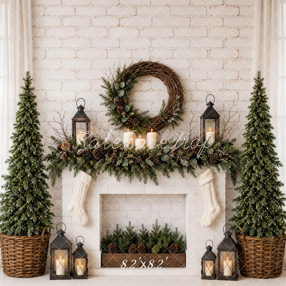 Kate Christmas Fireplace Minimalist Pine Trees Wreath Lanterns Printed Backdrop Designed by Emetselch