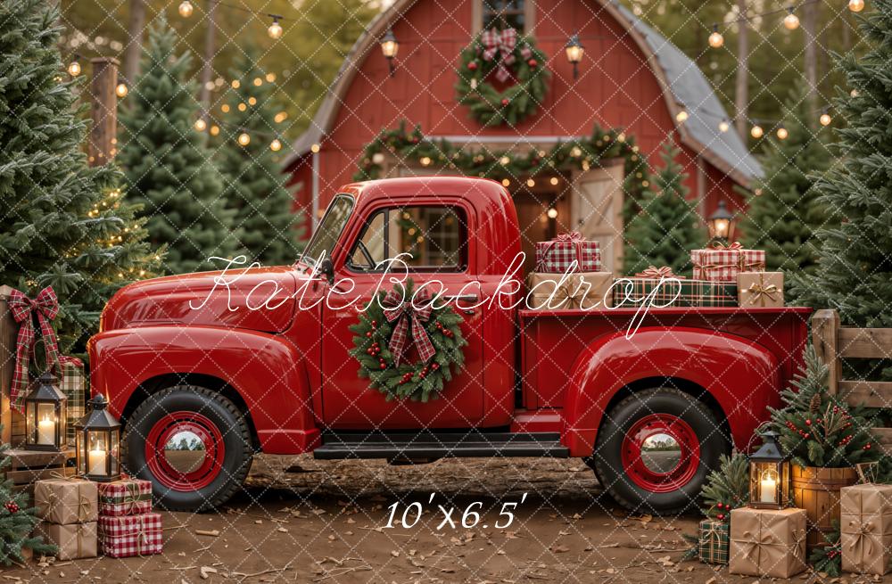 Kate Christmas Red Truck Barn Printed Backdrop Designed by Emetselch