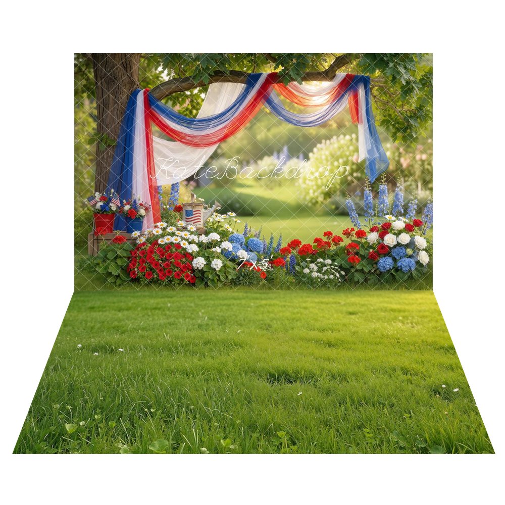 Kate 4th Of July Patriotic Red White Blue Drapes Garden Flowers Printed Backdrop+Summer Green Grass Floor Mat