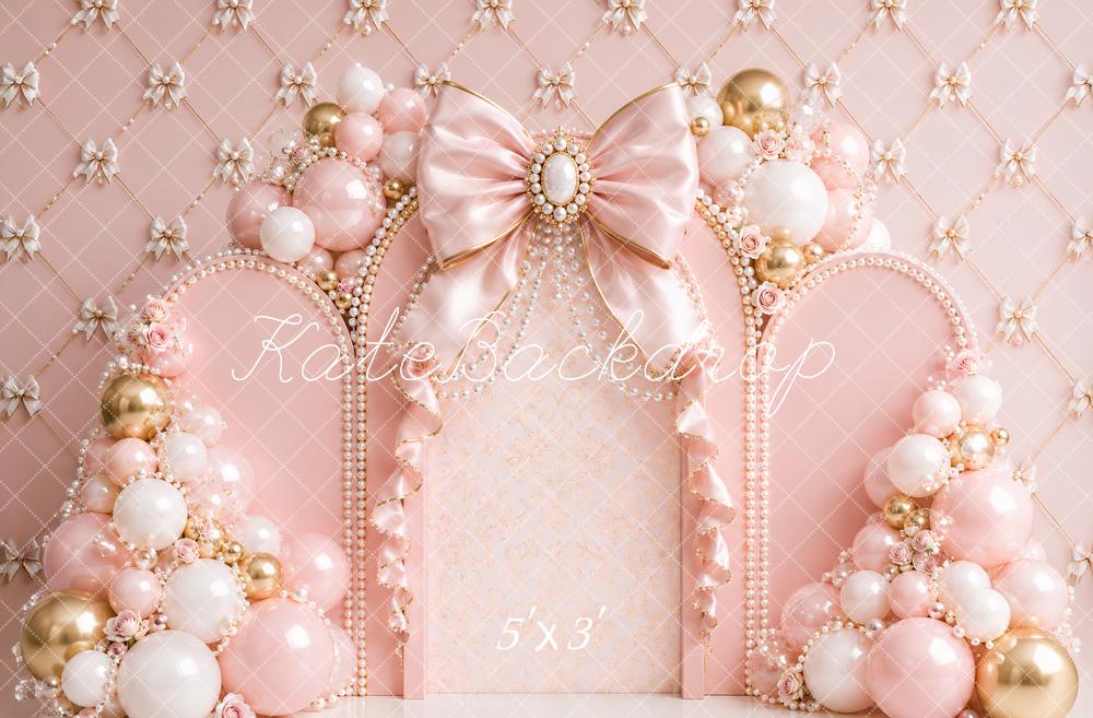 Kate Birthday Princess Pink Balloon Arch Bow Printed Backdrop Designed by Ashley Paul