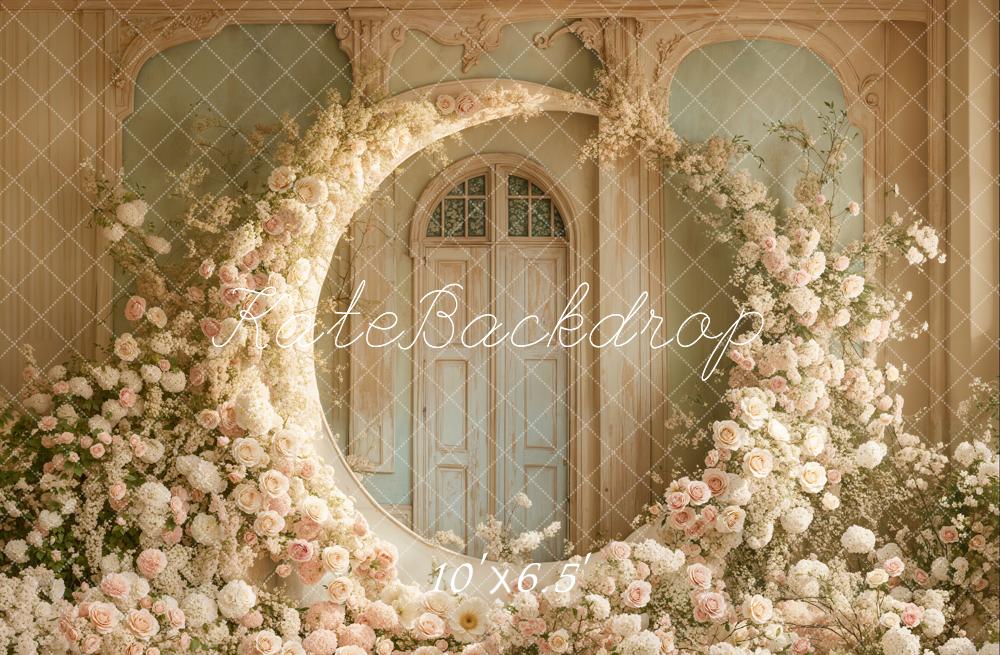 Kate Mother's Day Floral Moon Arch White Roses Wedding Printed Backdrop Designed by Emetselch