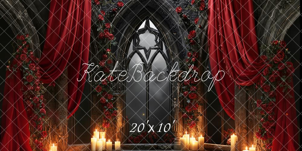 Kate Valentines Gothic Arch Window Red Drapes Roses Candles Backdrop Designed by Emetselch