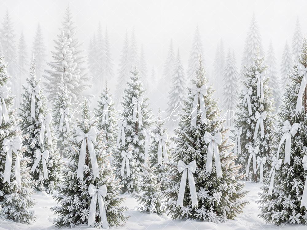 Kate Christmas Snowy Pine Trees White Bows Printed Backdrop Designed by Emetselch