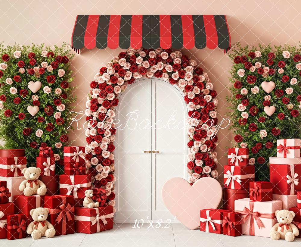 Kate Valentine's Day Flower Arch Red Gift Boxes Teddy Bears Backdrop Designed by Patty Roberts