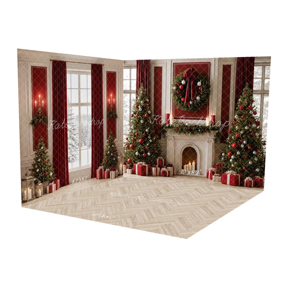 Kate Christmas Trees Vintage Red Curtains Bow Fireplace Wreath Gifts Printed Backdrop Room Set