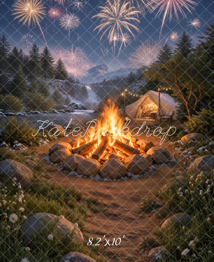 Kate Winter Fireworks Campfire Tent Mountain Camping Printed Backdrop Designed by Emetselch