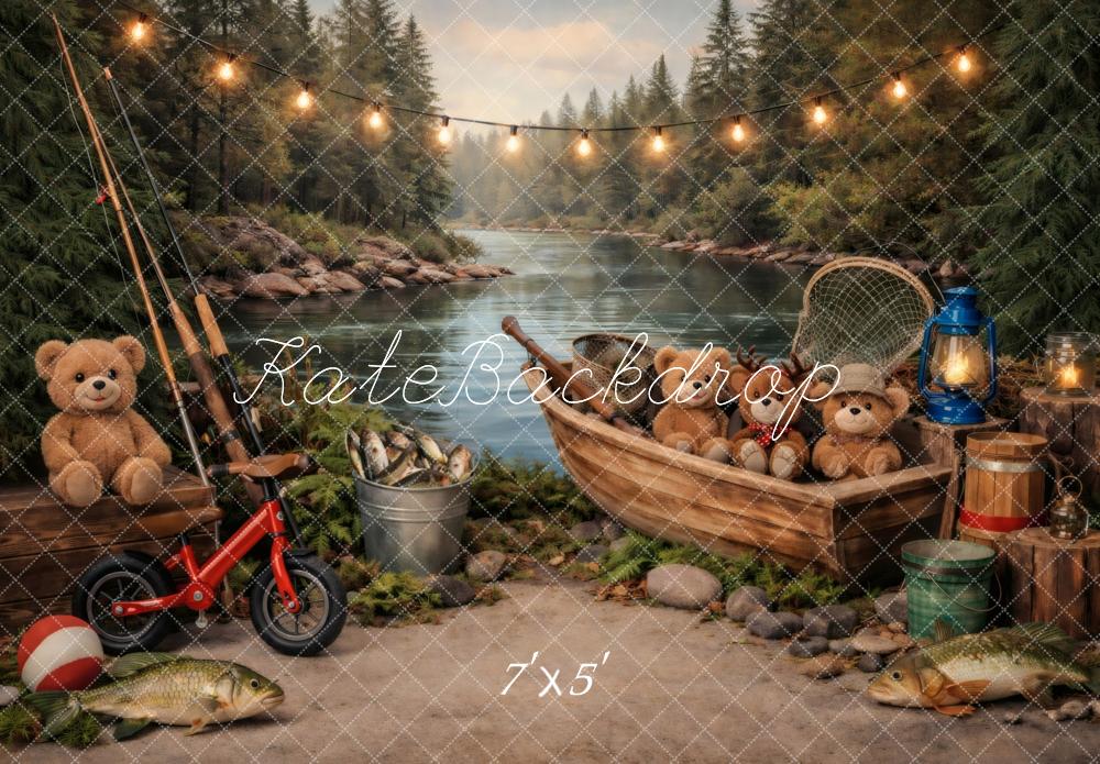 Kate Teddy Bears Fishing River Forest Boat Printed Backdrop Designed by Vertigo Productions