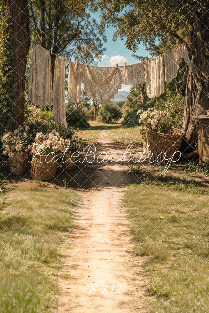 Kate Summer Country Path Laundry Clothesline Floral Baskets Backdrop Designed by Emetselch
