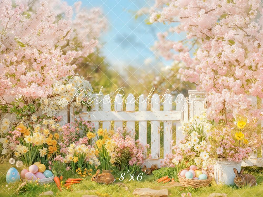 Kate Easter Spring Bunny Pink Blossoms White Fence Flowers Backdrop Designed by Emetselch