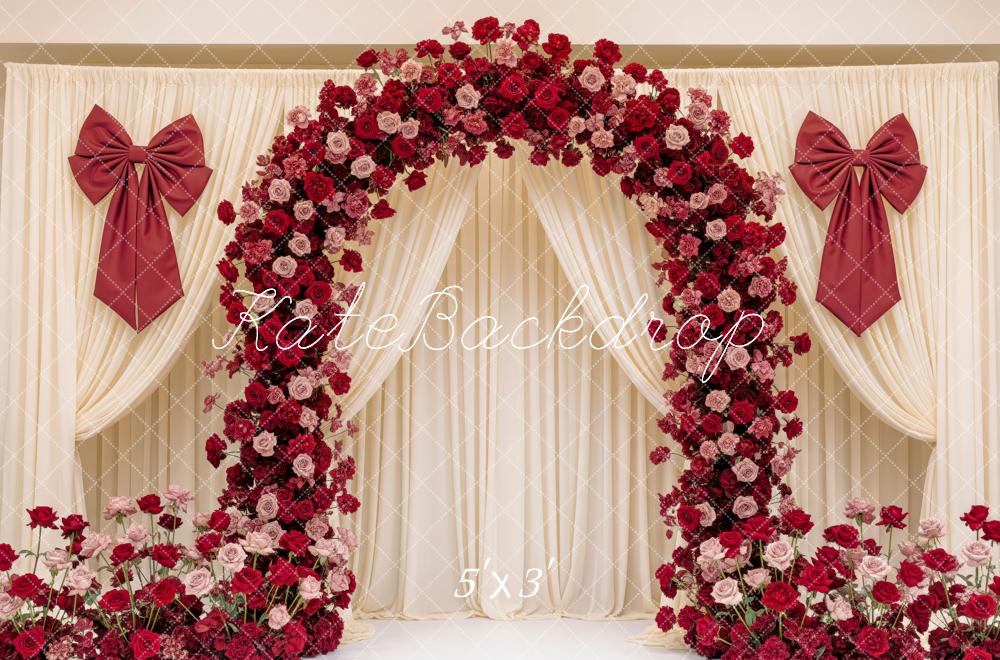 Kate Valentine's Day Flower Arch Red Bow Cream Drapes Backdrop Designed by Patty Roberts