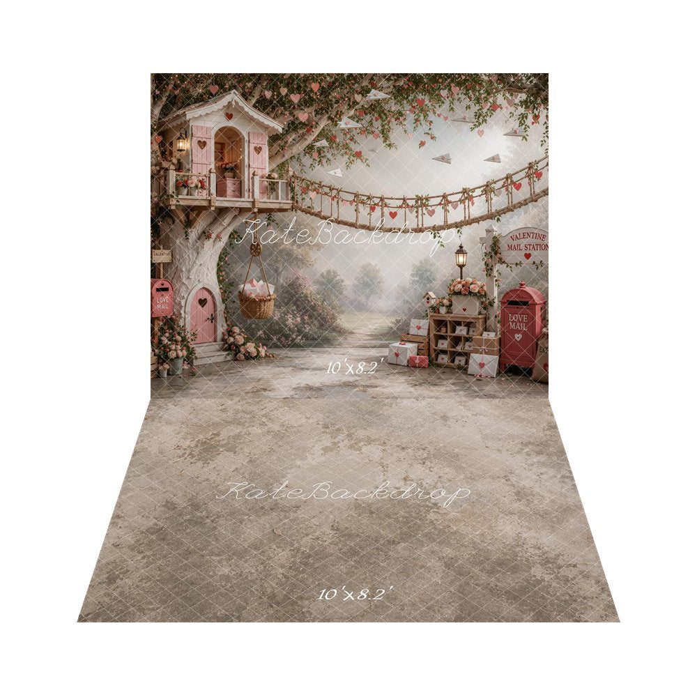 Kate Valentine's Day Love Mail Treehouse Bridge Printed Backdrop+Gray Beige Texture Floor Printed Backdrop