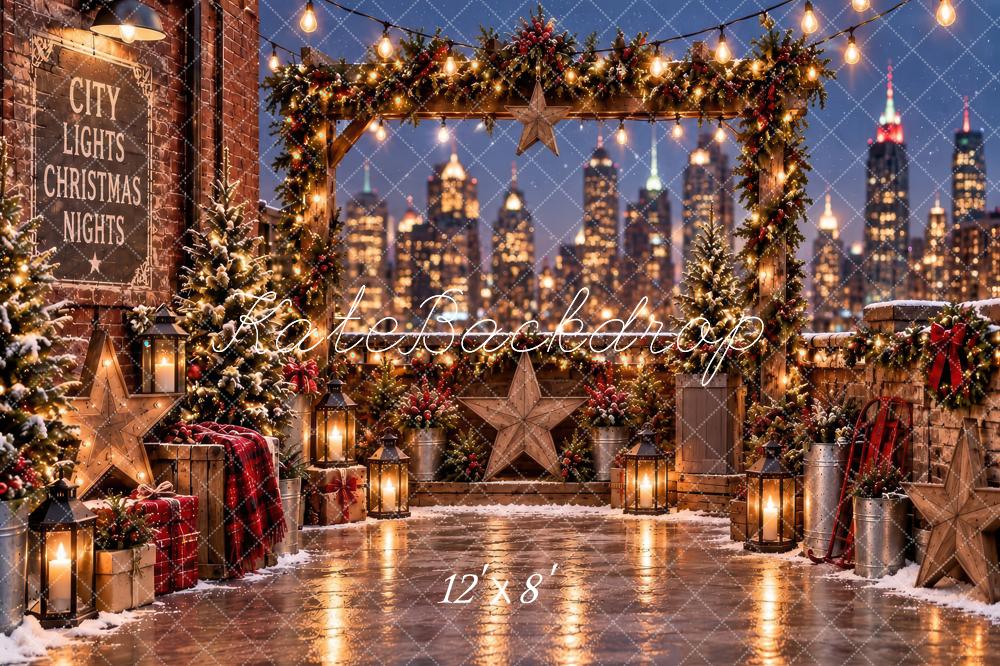 Kate Christmas City Lights Roof Top Garland Arch Printed Backdrop Designed by Laura Bybee