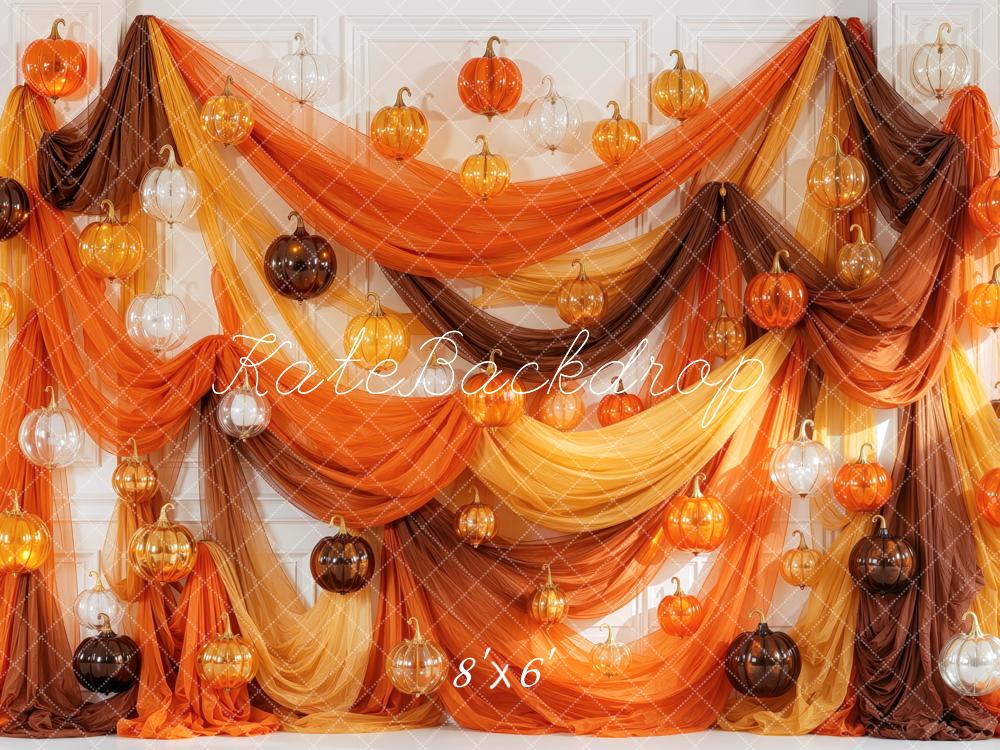 Kate Halloween Orange Glass Pumpkins Drapes Printed Backdrop Designed by Mini MakeBelieve