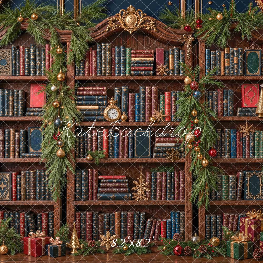 Kate Christmas Vintage Library Bookshelf Garland Printed Backdrop Designed by Mini MakeBelieve