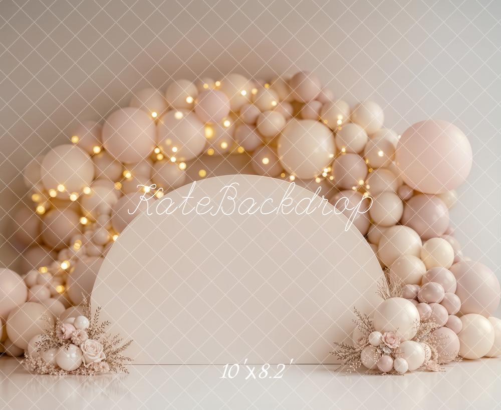 Kate Cake Smash Neutral Balloon Arch with Floral Arrangements and Fairy Lights Printed Backdrop Designed by Emetselch