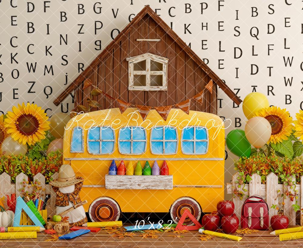 Kate Back to School Yellow Bus Sunflowers Alphabet Barn Backdrop Designed by Emetselch